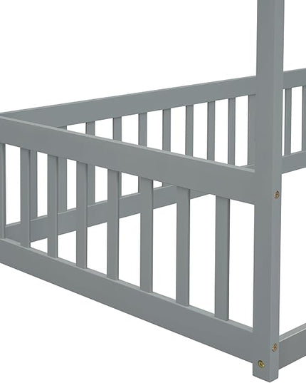 Twin Size Canopy Bed Frame with Guardrails for Kids,Floor Bed Twin with Four Poster Design,Kids Montessori Floor Bed,Wood Canopy Bed Frame for Girls,Boys(Twin,Grey) - LeafyLoom