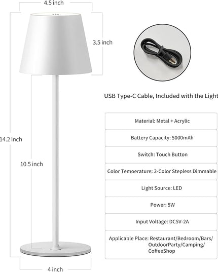 Cordless Rechargeable Table Lamp Set of 2, 5000mAh Battery Powered LED Desk Lamp, 3 Color Stepless Dimming Up, Portable Table Light Lamp for Bedroom Restaurant Outdoor (White) - LeafyLoom