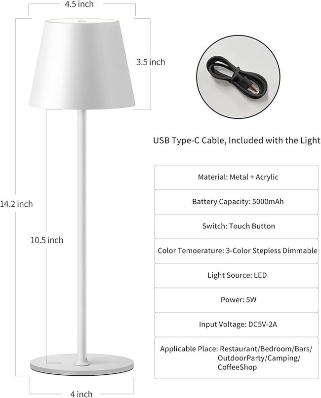 Cordless Rechargeable Table Lamp Set of 2, 5000mAh Battery Powered LED Desk Lamp, 3 Color Stepless Dimming Up, Portable Table Light Lamp for Bedroom Restaurant Outdoor (White) - LeafyLoom