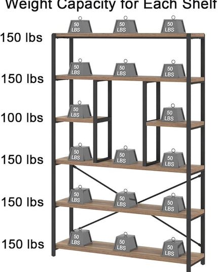 LVB Tall Industrial Etagere Bookcase, Modern Wood Large Open 6 Tier Bookshelf, Vintage Wide Metal Book Shelf Organizer, Farmhouse Book Shelves for Bedroom Living Room Home Office Storage, Rustic Oak - LeafyLoom