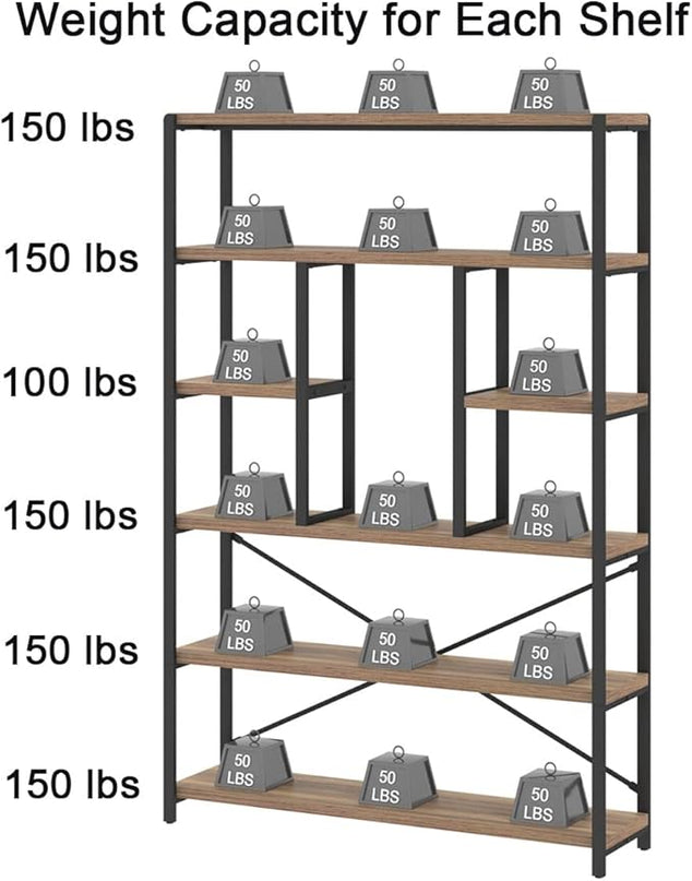 LVB Tall Industrial Etagere Bookcase, Modern Wood Large Open 6 Tier Bookshelf, Vintage Wide Metal Book Shelf Organizer, Farmhouse Book Shelves for Bedroom Living Room Home Office Storage, Rustic Oak - LeafyLoom