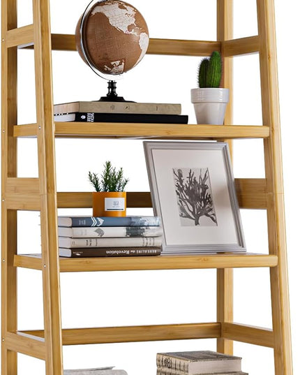Ladder Shelf, 4-Tier Bookshelf, Bamboo Leaning Bookcase, Display Storage Rack Organizer, Freestanding Flower Plant Stand for Living Room, Home Office, Kitchen, Natural - LeafyLoom