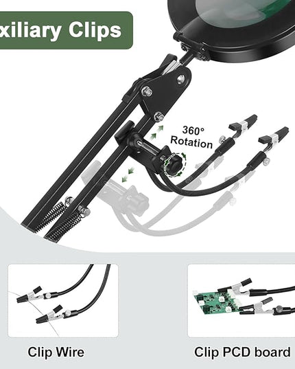 Magnifying Glass with Light, 3-in-1 Magnifying Desk Lamp 10X LED Magnifying Lamp with Heavy Base & Clamp, 5 Color Modes Stepless Dimmable, Magnifier Light for Soldering Craft Workbench - LeafyLoom