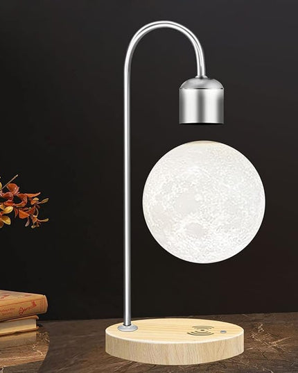 Unique Modern Levitating Moon Lamp with Built-in Qi Wireless Charger, Simplistic and Innovative Design, Warm Decorative LED Light for Home and Office (Silver) - LeafyLoom