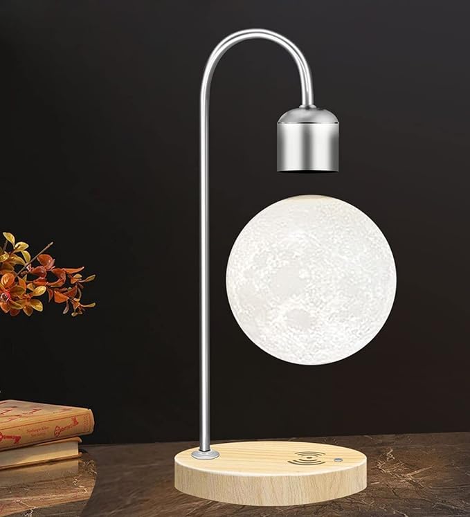 Unique Modern Levitating Moon Lamp with Built-in Qi Wireless Charger, Simplistic and Innovative Design, Warm Decorative LED Light for Home and Office (Silver) - LeafyLoom