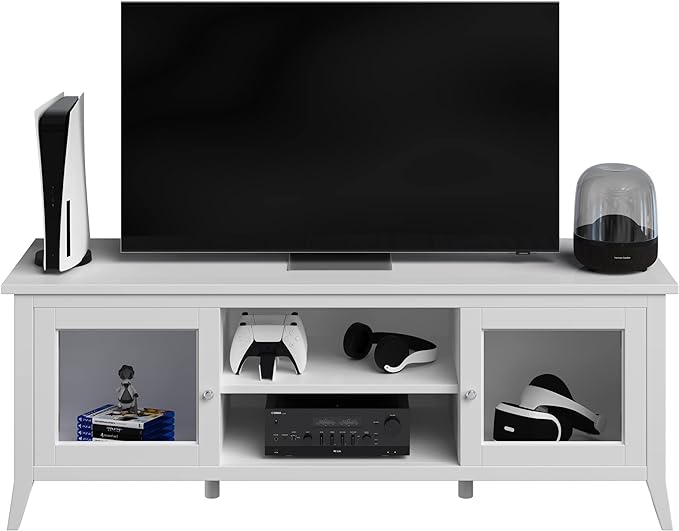Lavish Home TV Stand-55-inch Storage Cabinet with 2 Cubbies and 2 Shelves-Entertainment Center for Living Room, Bedroom, or Entryway, 55", White - LeafyLoom