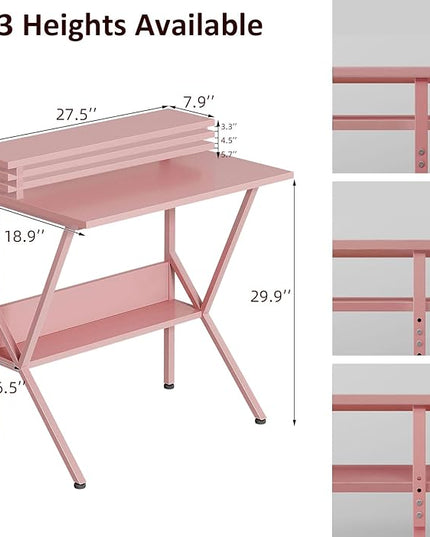 COTUBLR Small Desk, 27.5 Inch Small Computer Desk for Small Spaces, Computer Desk with Adjustable Monitor Stand, Compact Desk with Storage, Tiny Desk Study Desk for Bedroom Home Office, Pink - LeafyLoom