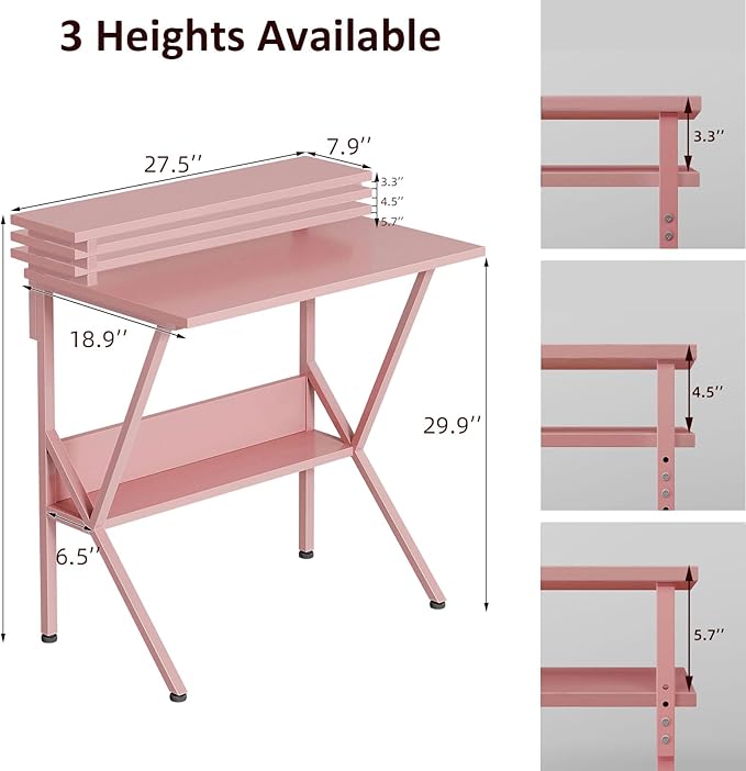 COTUBLR Small Desk, 27.5 Inch Small Computer Desk for Small Spaces, Computer Desk with Adjustable Monitor Stand, Compact Desk with Storage, Tiny Desk Study Desk for Bedroom Home Office, Pink - LeafyLoom
