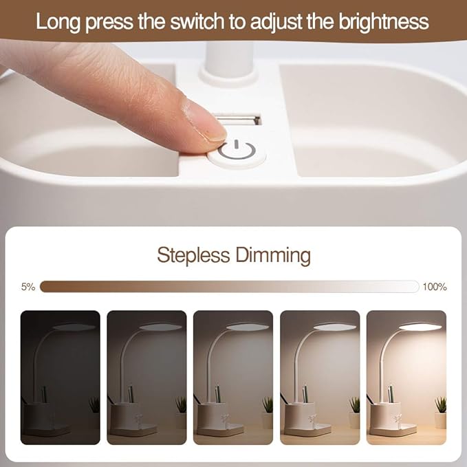 Desk Lamps for Home Office, 3 Light Colors Dimmable Desk Light Led Desk Lamp with Charger, Battery Operated Desk Lamp for Desk, Study Lamp with Pen & Phone Holder,White Led Desk Lamps for Home Office - LeafyLoom