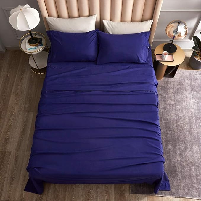 Bed Sheet Set - Brushed Microfiber Bedding - Bedding Sheets & Pillowcases - Deep Pockets - Easy Fit - Breathable & Cooling Sheets -4 Piece Queen Blue Set - LeafyLoom