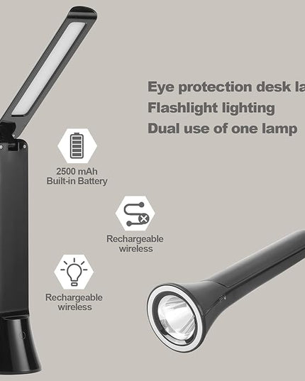 Rechargeable Desk Lamp, Foldable Portable Battery Operated Desk Lamp for Home Office, 2500mAh Cordless LED Desk Lamp with Flashlight Function, Eye Protection Study Lamp (Black) - LeafyLoom