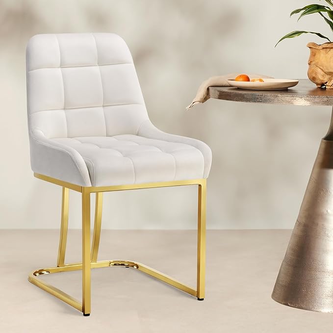 STARY Upholstered Velvet Armless Dining Room Chairs with Gold Metal Legs for Kitchen Restaurant, Beige- Set of 2 - LeafyLoom