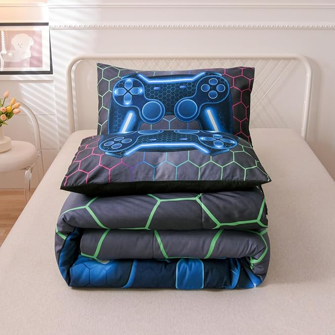 NTBED Game Console Comforter Set for Boys Girls Kids 3D Gaming Geometric Lightweight Microfiber Bedding Sets (Multi, Twin) - LeafyLoom
