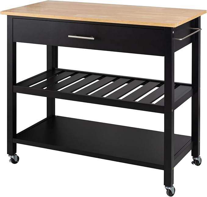 Shintenchi Kitchen Island Cart with Storage,Rolling Kitchen Island Side Table on Wheels with Large Worktop,Storage Cabinet,Towel Rack,Drawers and Open Shelves for Kitchen,Dinning Room,Black - LeafyLoom
