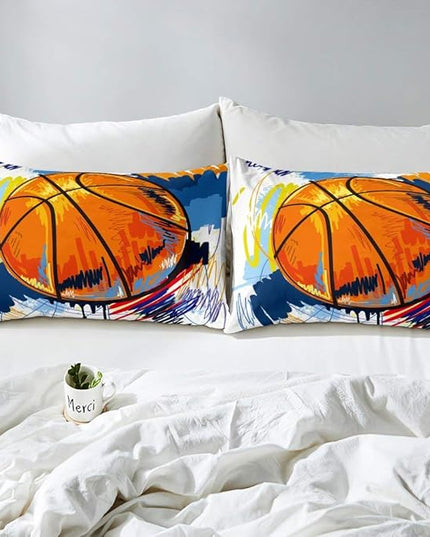 Kids Basketball Comforter Set King Size Boys Games Sports Theme Duvet Sets Youth Graffiti Tie Dye Bedding Set Basketball Sport Quilted Duvet with 1 Comforter and 2 Pillow Cases Colorful Orange Blue - LeafyLoom