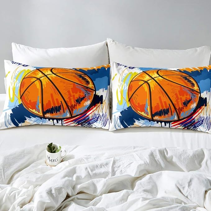 Kids Basketball Comforter Set King Size Boys Games Sports Theme Duvet Sets Youth Graffiti Tie Dye Bedding Set Basketball Sport Quilted Duvet with 1 Comforter and 2 Pillow Cases Colorful Orange Blue - LeafyLoom