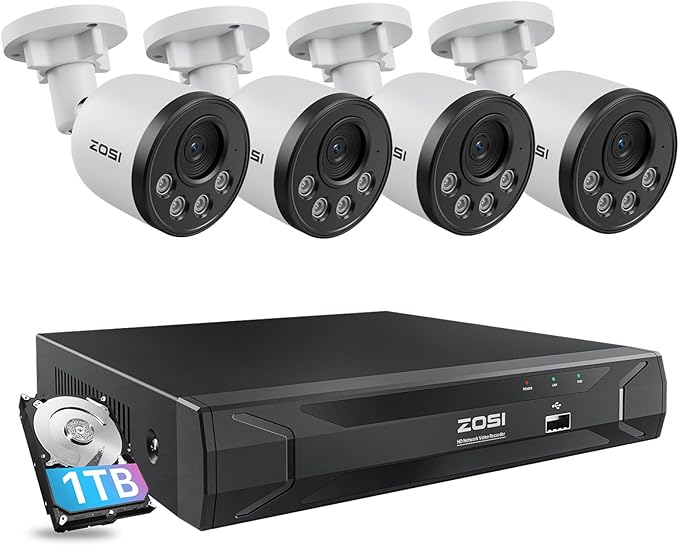 ZOSI 5MP 8CH PoE Security Camera System with Audio, 4pcs Outdoor PoE Cameras, Night Vision, Smart Human Detection, Remote Access, H.265+ 8 Channel 5MP 3K Home NVR with 1TB HDD for 24/7 Recording ZOSI