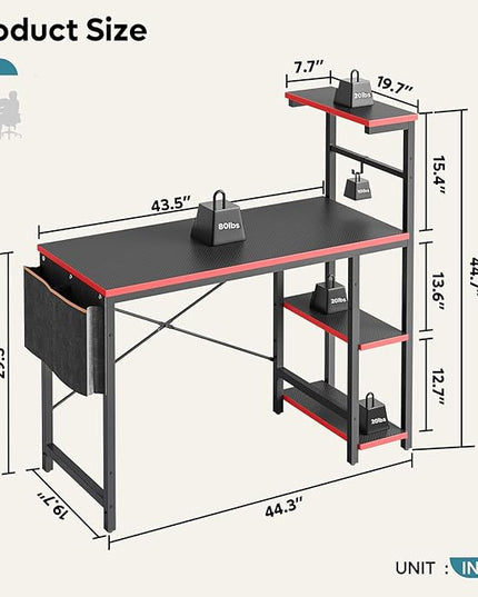 Bestier Gaming Desk with LED Lights, 44 Inch PC Gamer Desk for Small Spaces, Computer Desk with Reversible Storage Shelves & Side Storage Bag (Black 3D Carbon Fiber) - LeafyLoom