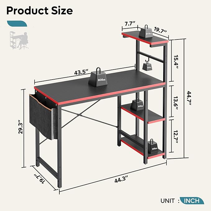 Bestier Gaming Desk with LED Lights, 44 Inch PC Gamer Desk for Small Spaces, Computer Desk with Reversible Storage Shelves & Side Storage Bag (Black 3D Carbon Fiber) - LeafyLoom