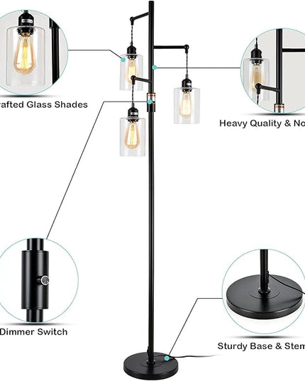 Airposta Industrial Floor Lamp with On/Off Dimmable Switch, 3-Head Rustic Tree Standing Lamp, Edison Bulb 40W Retro Tall Glass Floor Light for Living Room, Reading, Office, Bedroom, Black - LeafyLoom