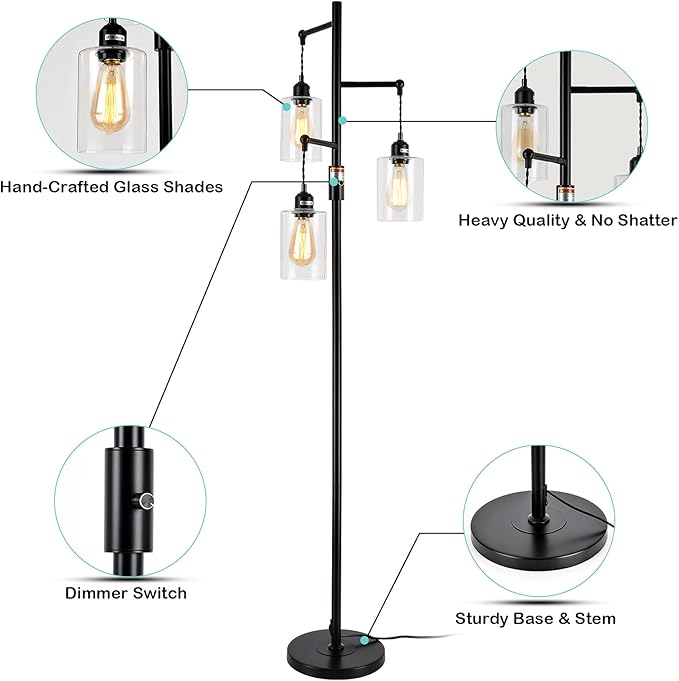 Airposta Industrial Floor Lamp with On/Off Dimmable Switch, 3-Head Rustic Tree Standing Lamp, Edison Bulb 40W Retro Tall Glass Floor Light for Living Room, Reading, Office, Bedroom, Black - LeafyLoom