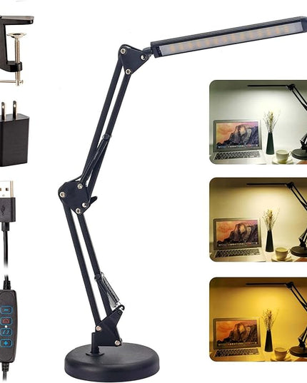 LED Desk Lamp, Metal Swing Arm Lamp, Eye-Caring Dimmable Table Lamp led,Flexible Arm Table Lamp led, 3 Color Modes, 9 Brightness Dimming Reading Light with USB Port - LeafyLoom