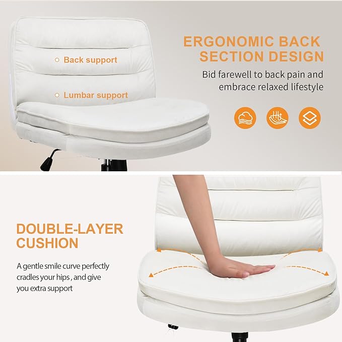 COMHOMA Criss Cross Chair with Wheels, Armless Wide Cross Legged Office Chair Mid Back, Modern Home Office Desk Chair Swivel Adjustable Vanity Computer Chair, Beige Velvet - LeafyLoom