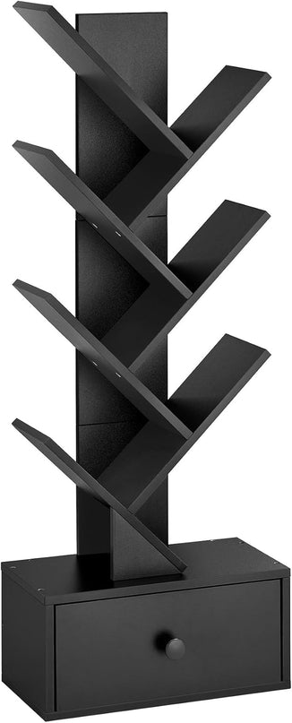 7 Tier Tree Bookshelf with Drawer, Tree Bookcase with Storage, Modern Floor Standing Bookshelves Organizer for Bedroom, Living Room, Home Office, Black - LeafyLoom