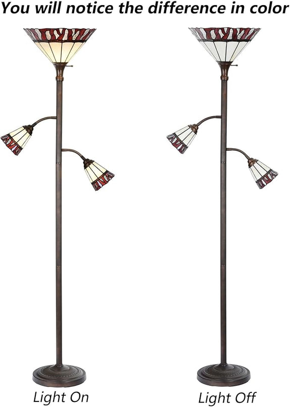 Bieye L10838 Fire Flame Tiffany Style Stained Glass Torchiere Floor Lamp with Sidelights for Reading, 70-inches Tall (Flame, Red) - LeafyLoom
