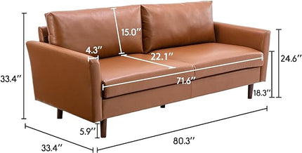 Dreamsir 80'' Faux Leather Sofa Couch, Mid-Century Modern Sofa with Solid Wooden Frame & Padded Cushions, 3-Seater Couch for Living Room, Apartment, Lounge Room (Brown) - LeafyLoom