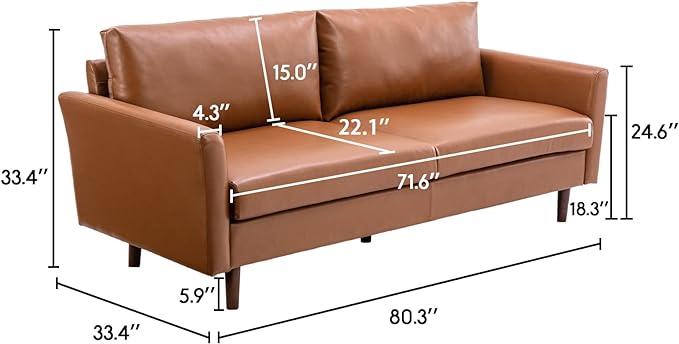 Dreamsir 80'' Faux Leather Sofa Couch, Mid-Century Modern Sofa with Solid Wooden Frame & Padded Cushions, 3-Seater Couch for Living Room, Apartment, Lounge Room (Brown) - LeafyLoom