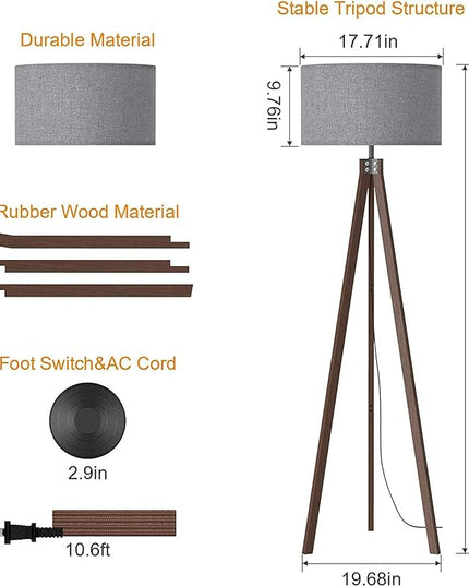LEPOWER Wood Floor Lamp Tripod, Mid Century Standing Lamp, Modern Design Reading Floor Lamp for Living Room, Bedroom and Office, Flaxen Lamp Shade with E26 Lamp Base（Walnut） - LeafyLoom