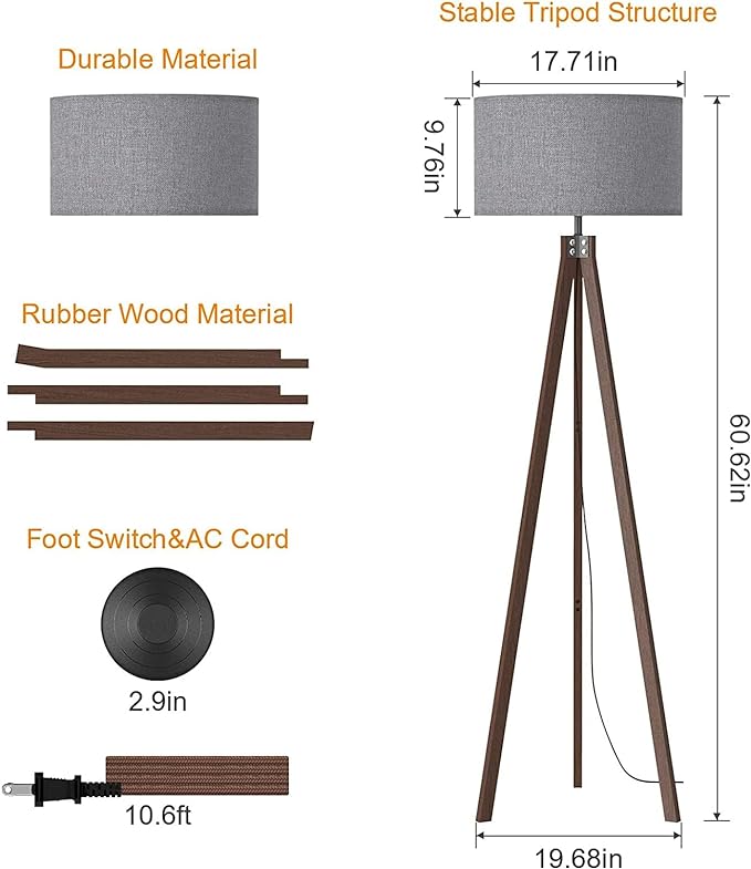 LEPOWER Wood Floor Lamp Tripod, Mid Century Standing Lamp, Modern Design Reading Floor Lamp for Living Room, Bedroom and Office, Flaxen Lamp Shade with E26 Lamp Base（Walnut） - LeafyLoom