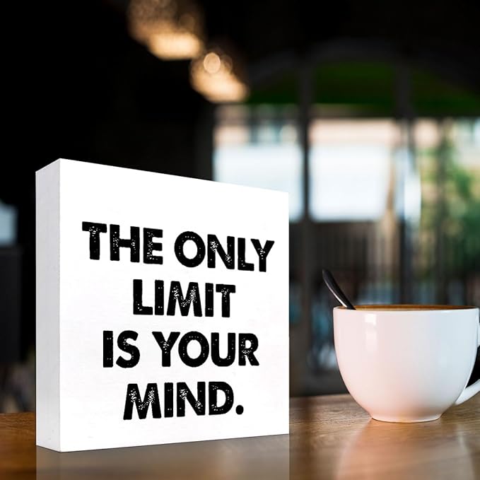 Positive Wood Box Sign Desk Decor,The Only Limit is Your Mind Wood Plaque Signs,Rustic Inspirational Wooden Block Sign Decor for Office Workplace Classroom Shelf Table Decoration C1079 - LeafyLoom