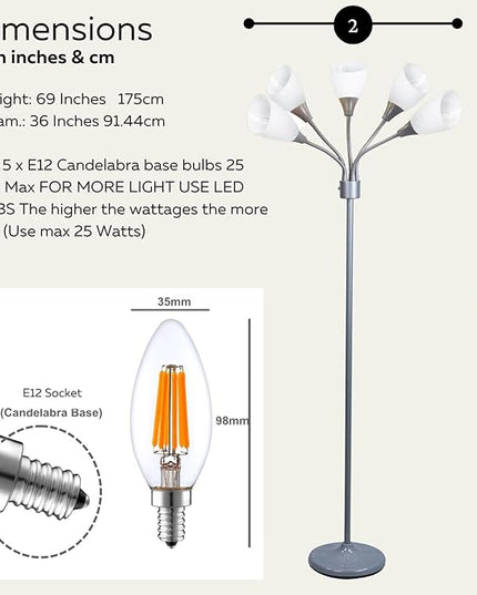 Floor Lamp For Bedroom Multi Head 5 Light Bright Floor Lamp - Medusa 5 Light Standing Lamp -floor Lamps For Bedroom Spider Lamp 5 Acrylic White Shades Standing Light Spider Lamp Silver Floor Lamp - LeafyLoom
