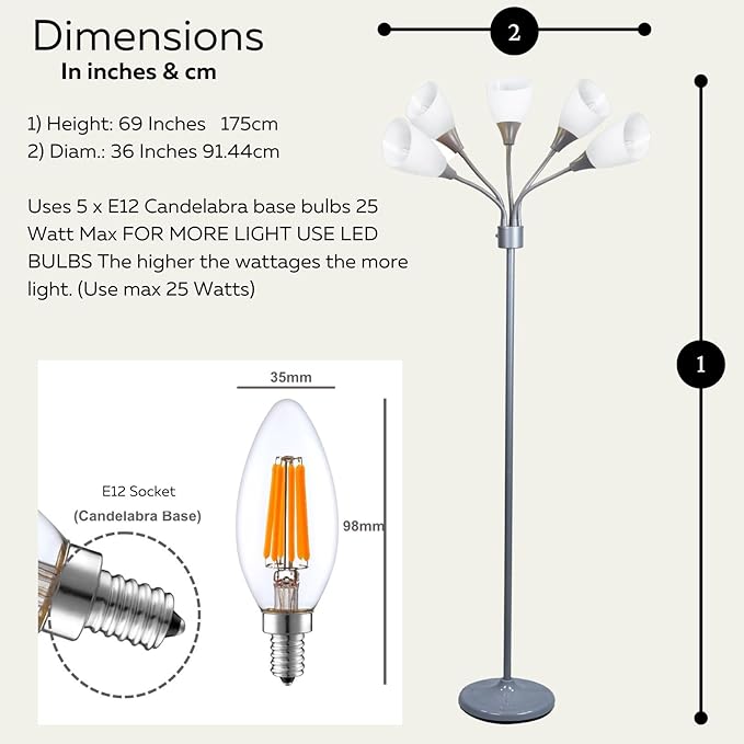 Floor Lamp For Bedroom Multi Head 5 Light Bright Floor Lamp - Medusa 5 Light Standing Lamp -floor Lamps For Bedroom Spider Lamp 5 Acrylic White Shades Standing Light Spider Lamp Silver Floor Lamp - LeafyLoom