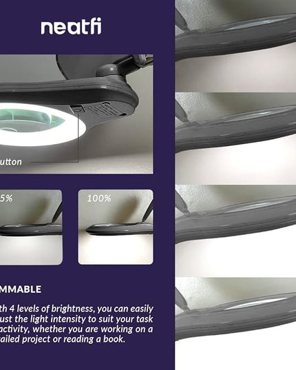Neatfi (New Model) Bifocals 1,200 Lumens Super LED Magnifying Lamp with Clamp, 5D + 20D, Dimmable, 60 Pcs SMD LED, 5 Inches Diameter Lens, Adjustable Arm Utility Clamp (5 Diopter + 20 Diopter, Silver) - LeafyLoom