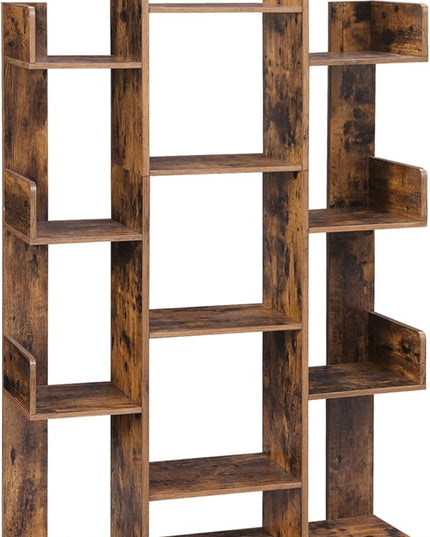VASAGLE Bookshelf, Tree-Shaped Bookcase with 13 Storage Shelves, Rounded Corners & 9-Tier Floor Standing Tree Bookshelf, with Shelves for Living Room, Home Office, Rustic Brown ULBC11BX - LeafyLoom