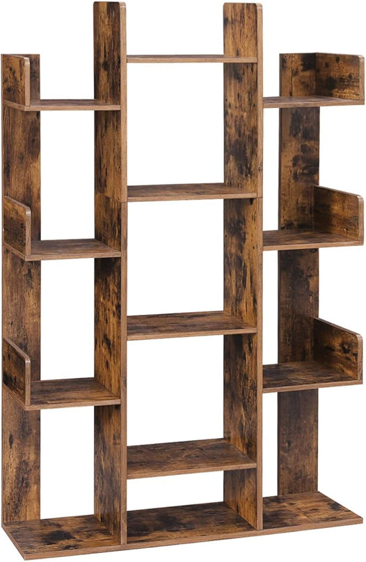 VASAGLE Bookshelf, Tree-Shaped Bookcase with 13 Storage Shelves, Rounded Corners & 9-Tier Floor Standing Tree Bookshelf, with Shelves for Living Room, Home Office, Rustic Brown ULBC11BX - LeafyLoom