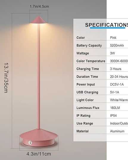 2-Pack 6000mAh Rechargeable LED Table Lamps,Outdoor Cordless Table Lamp Waterproof Portable, 3-Color Stepless Dimmable Modern Lamp for Restaurant/Bedroom(Pink) - LeafyLoom