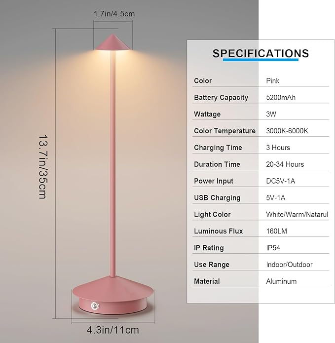2-Pack 6000mAh Rechargeable LED Table Lamps,Outdoor Cordless Table Lamp Waterproof Portable, 3-Color Stepless Dimmable Modern Lamp for Restaurant/Bedroom(Pink) - LeafyLoom