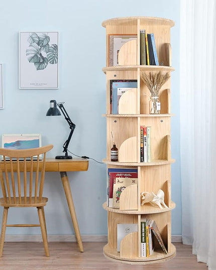 Rotating Bookshelf, 360 Display 5 Tier Floor Standing Bookcase Storage Rack for Kids&Adult, Wood Narrow Book Shelf Organizer for Bedroom, Living Room, Study Room(63 * 18.1 * 18.1inch) - LeafyLoom