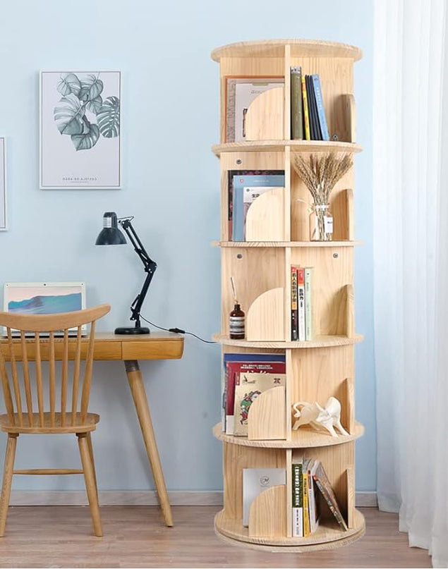 Rotating Bookshelf, 360 Display 5 Tier Floor Standing Bookcase Storage Rack for Kids&Adult, Wood Narrow Book Shelf Organizer for Bedroom, Living Room, Study Room(63 * 18.1 * 18.1inch) - LeafyLoom