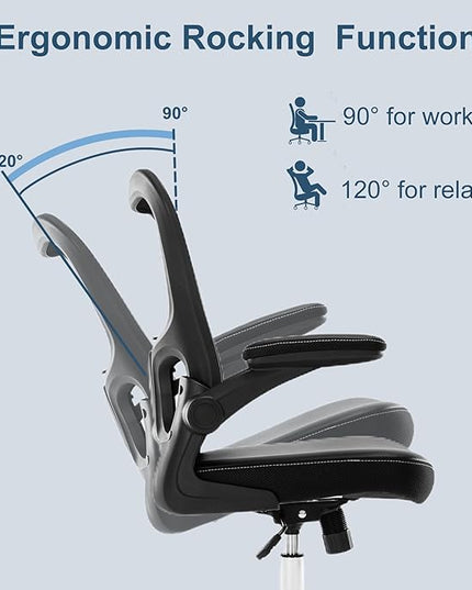 Office Chair, Ergonomic Desk Chair, PU Leather Padded Computer Chairs, Mesh Executive Chair with Lumbar Support Flip up Arms, Adjustable Height Home Task Swivel Rolling Chair,Black - LeafyLoom