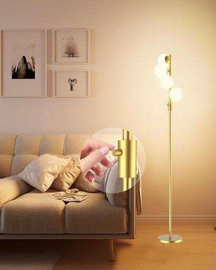 64IN Dimmable Gold Floor Lamp, Tall Standing Lamps with 4 Globe Soft Warm White Eye Care 3000K G9 Bulbs, Mid Century Modern Floor Lamp for Bedroom Office - LeafyLoom
