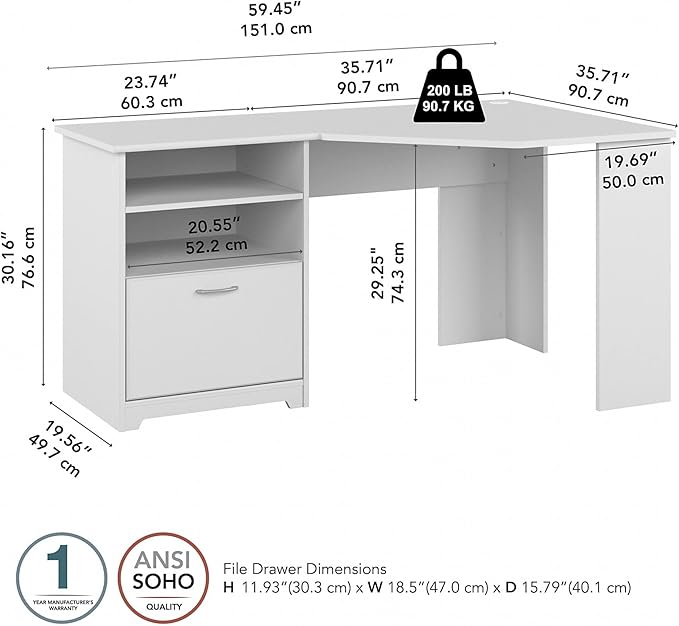Bush Furniture Cabot 60W Corner Desk, White - LeafyLoom