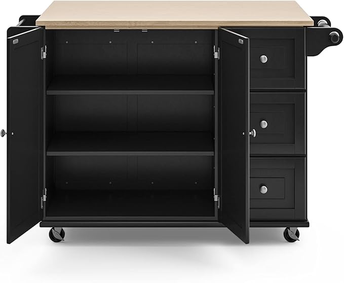 Homestyles Dolly Madison Kitchen Cart with Wood Top and Drop Leaf Breakfast Bar, Rolling Mobile Kitchen Island with Storage and Towel Rack, 54 Inch Width, Black - LeafyLoom