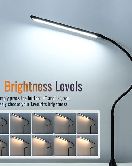 LED Desk Lamp with Clamp, Clamp Light, Tall Desk Lamp with Long Gooseneck, 11W, 850 LMS, 3 Color Modes, 10 Brightness Levels, Eye-Caring, Clip on Desk Light for Reading, Home, Office - LeafyLoom