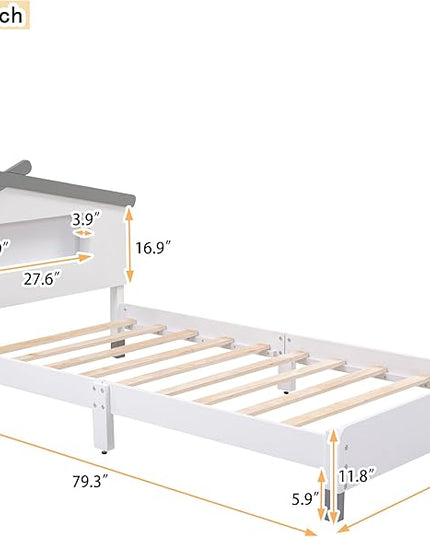 Bellemave Twin Size Platform Bed with House-Shaped Headboard and Motion Activated Night Lights,Wood Twin Kids Bed Frame for Teens, Girls,Boys(Twin,White) - LeafyLoom