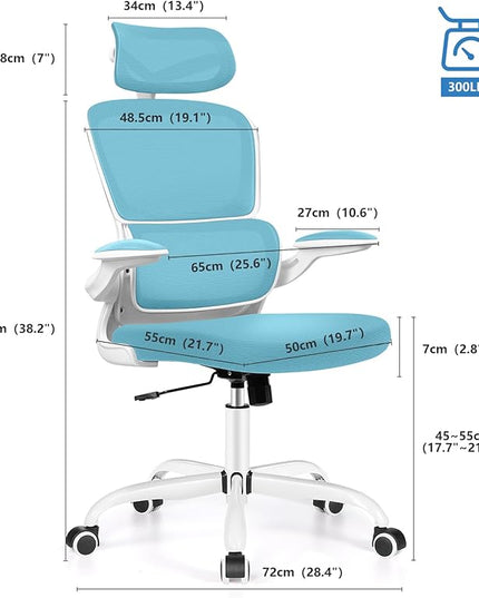 Ergonomic Office Chair, High Back Mesh Desk Chair with Lumbar Support and Adjustable Headrest, Computer Gaming Chair with Flip-up Armrests, Executive Swivel Chair for Home Office (Blue) - LeafyLoom